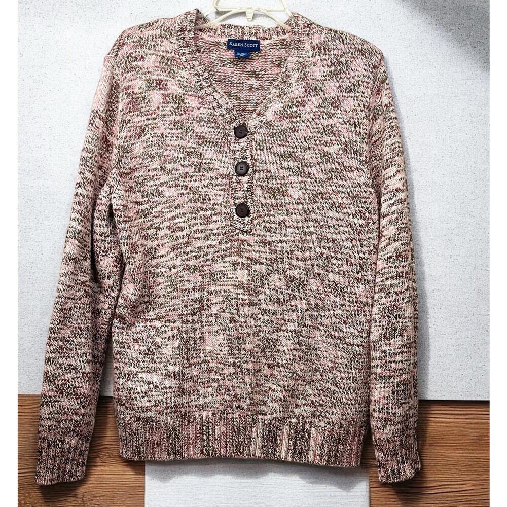 Karen Scott Women’s XL Cardigan V Neck Sweater Tight Knit 3 Button Up Pink, Brn